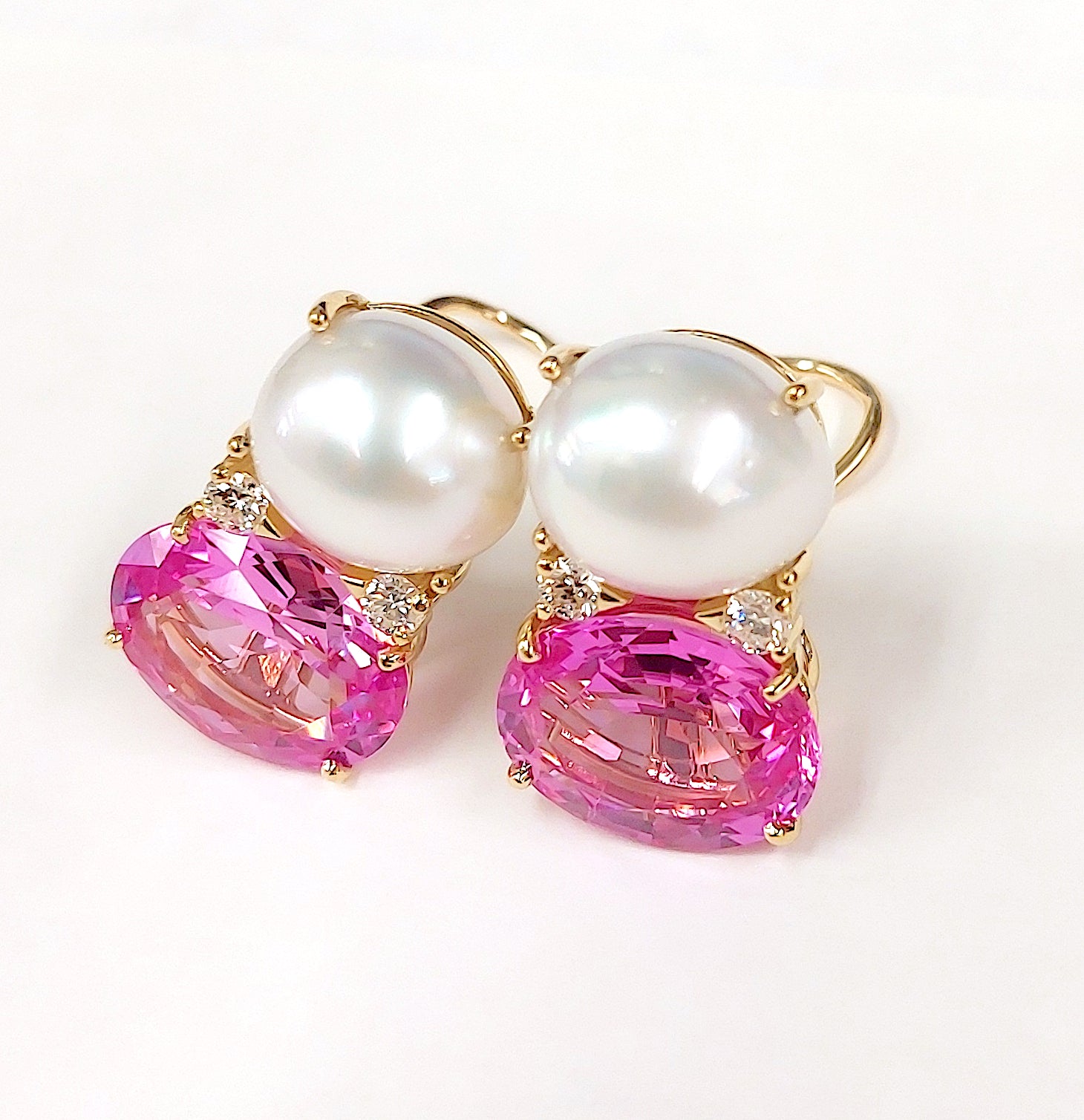 Elegant Three-Stone Drop Earring with Pink Topaz and South Sea Baroque Pearl