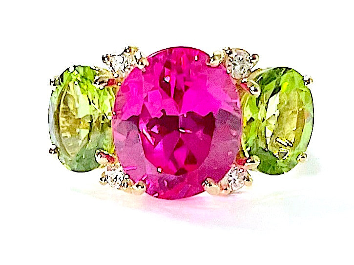 18kt Yellow Gold Blue Topaz and Rock Crystal Three Stone Ring with Rope Twist Border