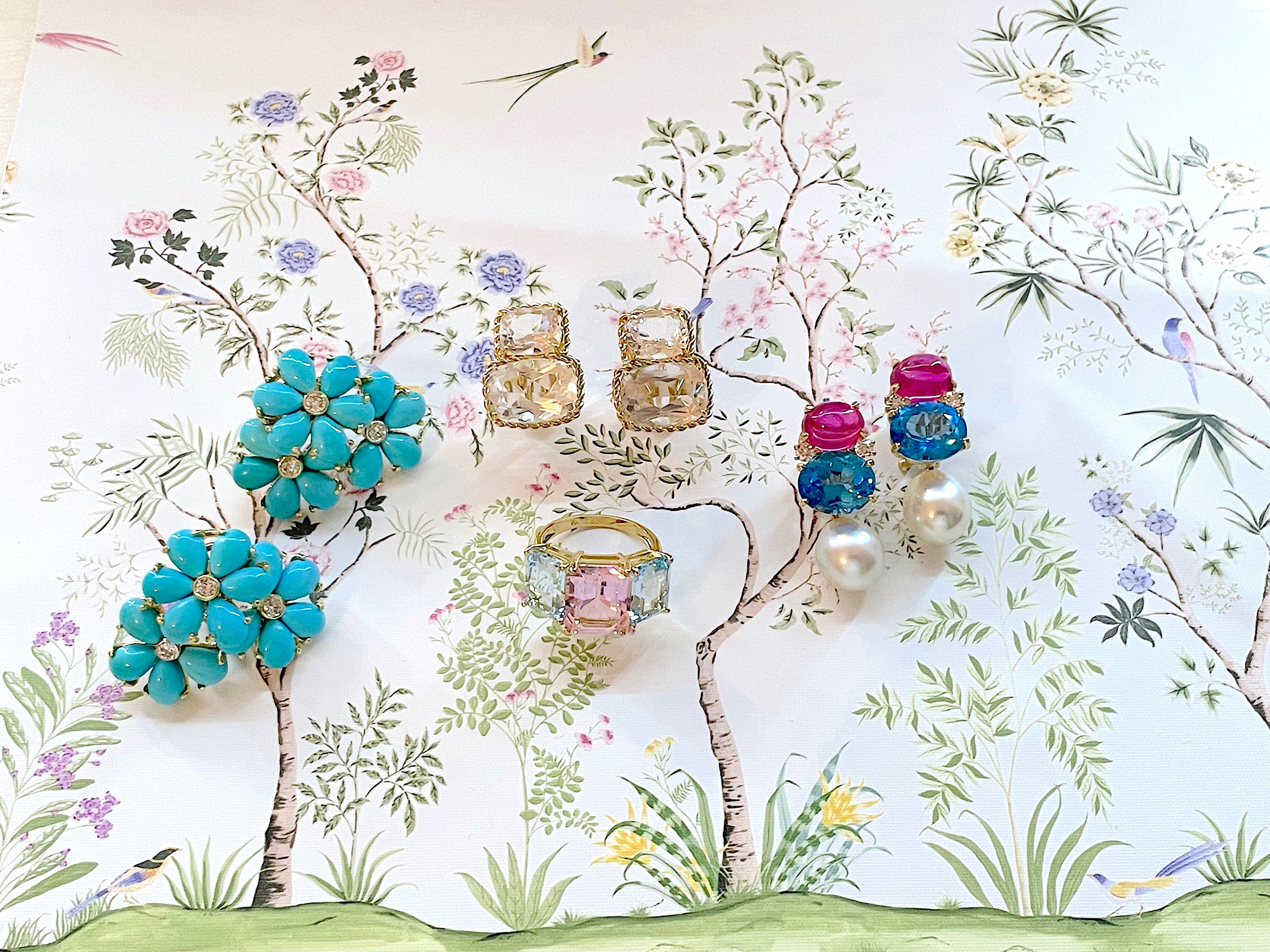 Turquoise Flower Diamonds Cluster Earrings