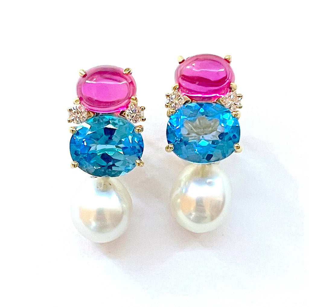 Elegant Three-Stone Drop Earring with Pink Topaz and South Sea Baroque Pearl