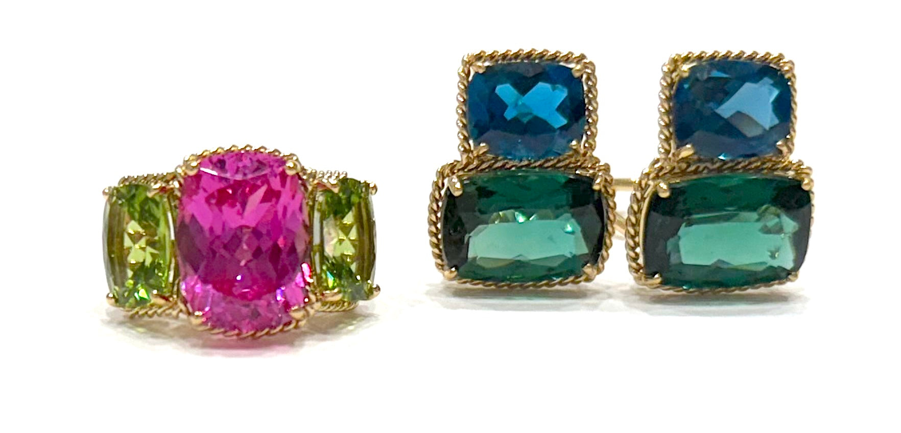 18kt Yellow Gold Cushion Cut Earring with Rope Twist Border with Blue Topaz and Green Quartz