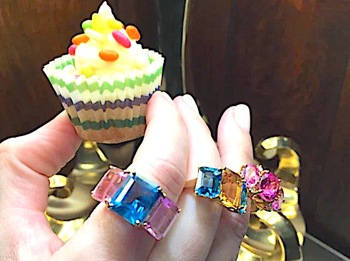 18kt Yellow Gold Mini Emerald Cut Ring with Orange Citrine and Blue Topaz