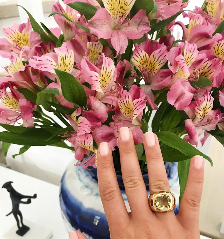 Orange Citrine Cabochon Pink Topaz Gold Cushion Ring