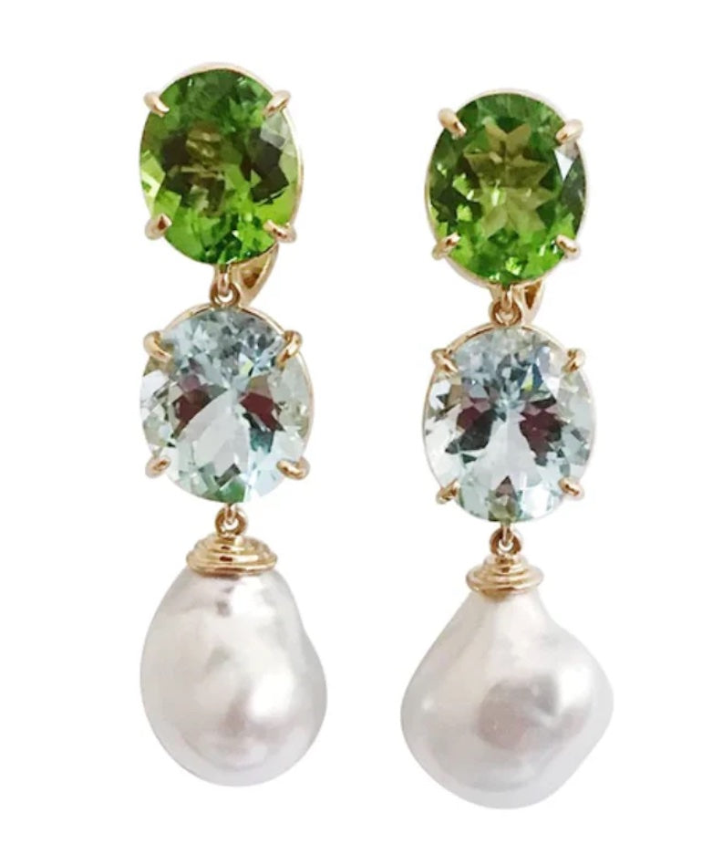 18Kt Yellow Gold Double Cushion Peridot and Blue Topaz Earrings