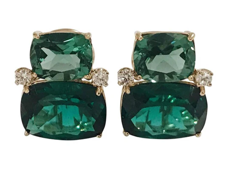 18kt Yellow Gold Cushion Cut Earring with Rope Twist Border with Blue Topaz and Green Quartz