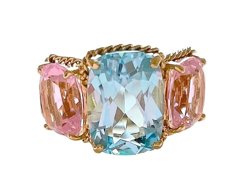 Elegant Three-Stone Ring with Gold Rope Twist Border with Blue Topaz and Pink Topaz