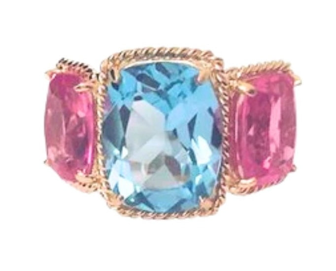 Blue Topaz and Iolite Three Stone Ring with Rope Twist Border
