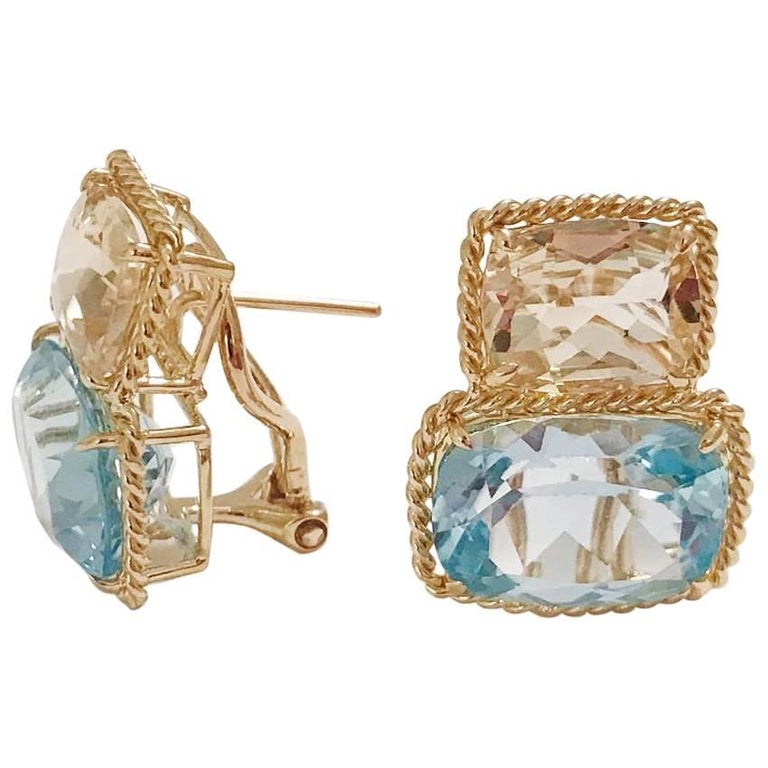 18kt Yellow Gold Cushion Rope Twist Border Earring with Citrine and Smoky Topaz