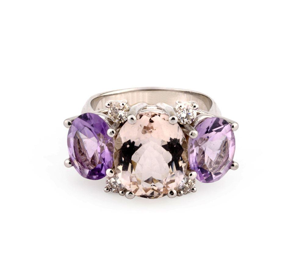 Large Platinum GUM DROP™ Ring with Morganite and Rock Crystal and Diamonds