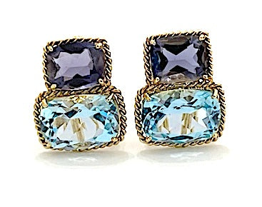 18kt Yellow Gold Cushion Cut Earring with Rope Twist Border with Blue Topaz and Green Quartz