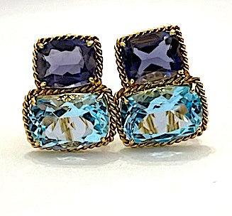 18kt Yellow Gold Cushion Cut Earring with Rope Twist Border with Blue Topaz and Green Quartz