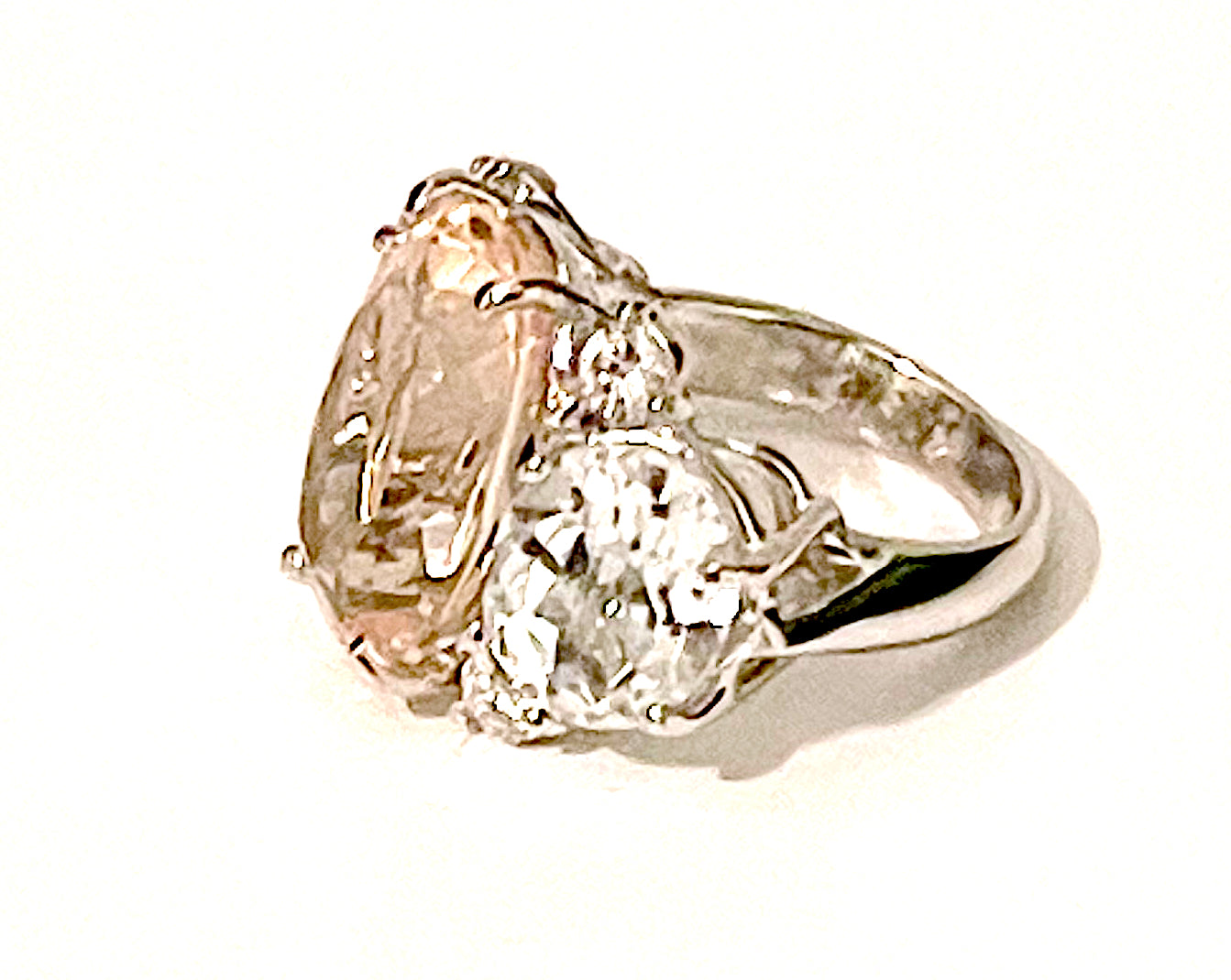 Large Platinum GUM DROP™ Ring with Morganite and Rock Crystal and Diamonds