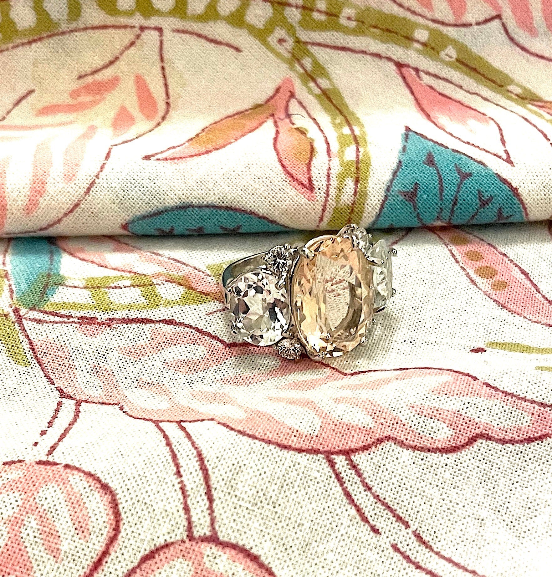 Large Platinum GUM DROP™ Ring with Morganite and Rock Crystal and Diamonds