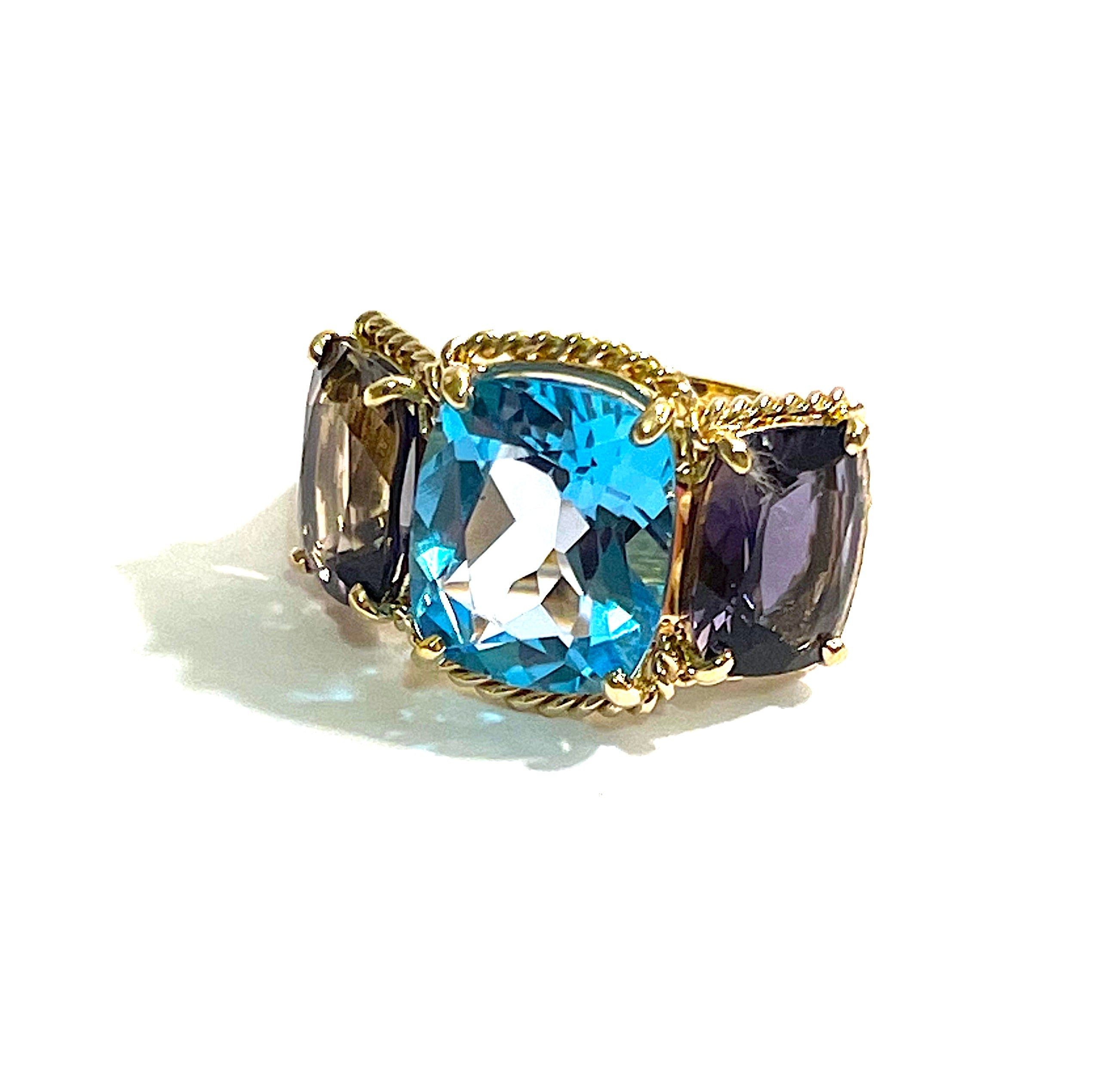 18kt Yellow Gold two tone Pink Topaz Three Stone Ring with Rope Twist Border