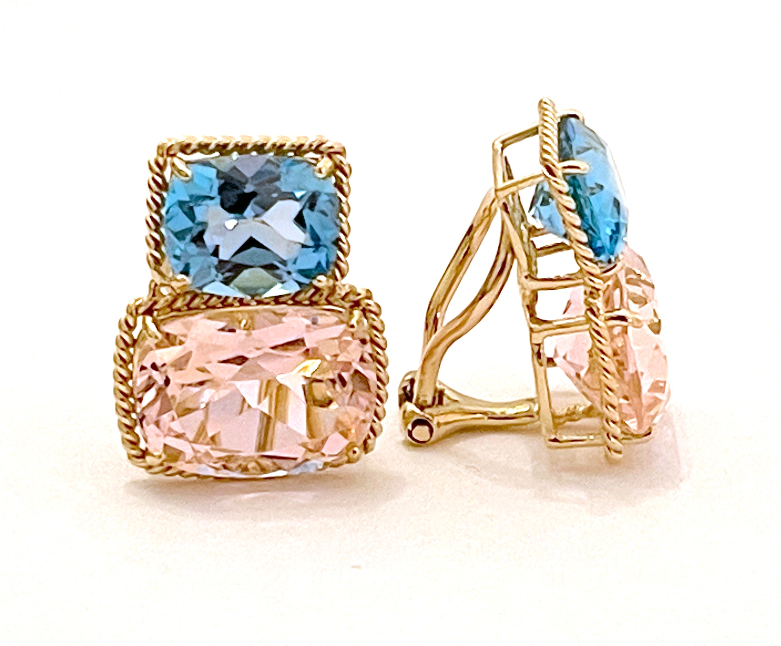 18kt Yellow Gold Cushion Cut Earring with Rope Twist Border with Blue Topaz and Green Quartz