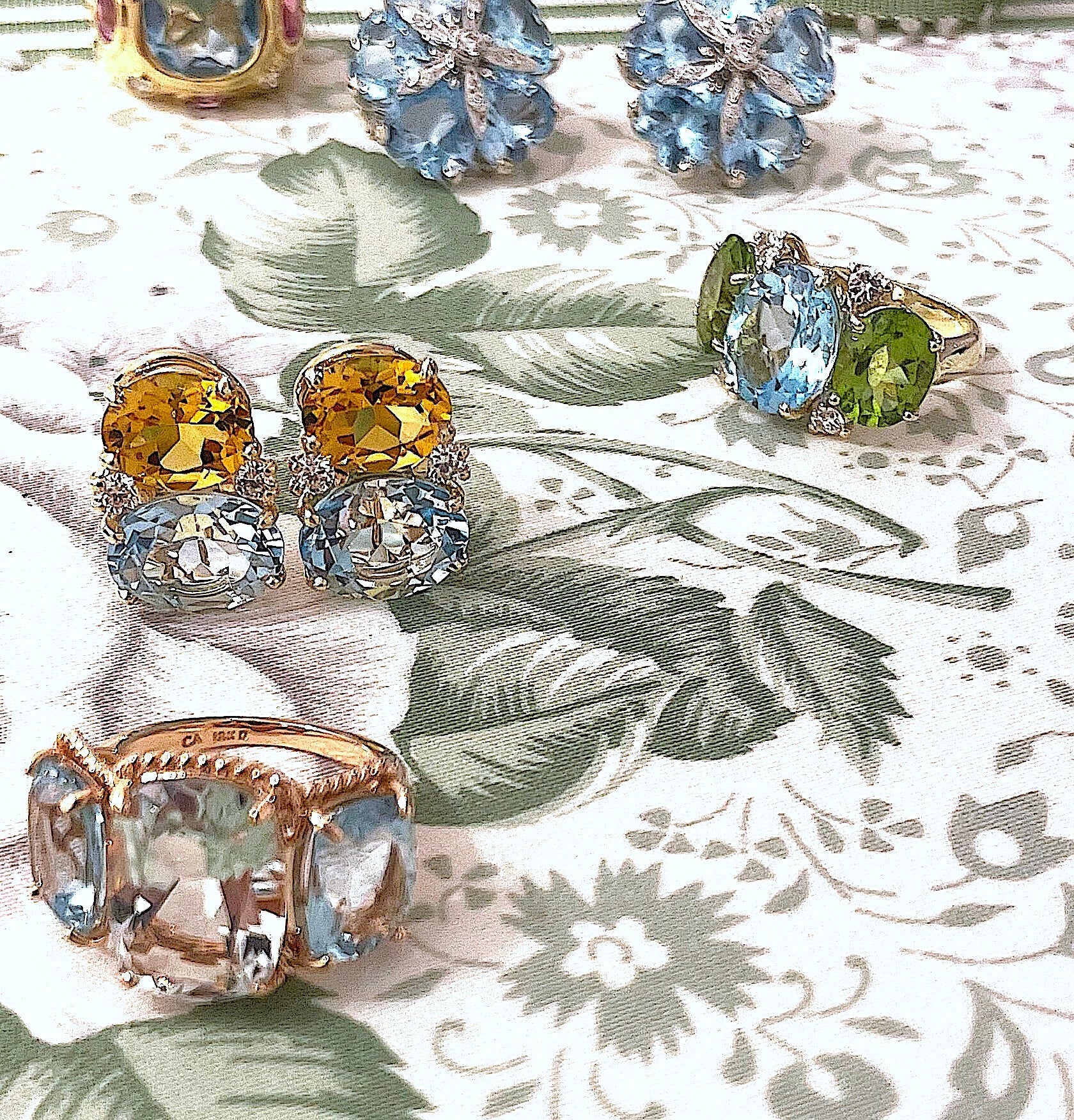 18kt Yellow Gold Cushion Cut Earring with Rope Twist Border with Blue Topaz and Green Quartz