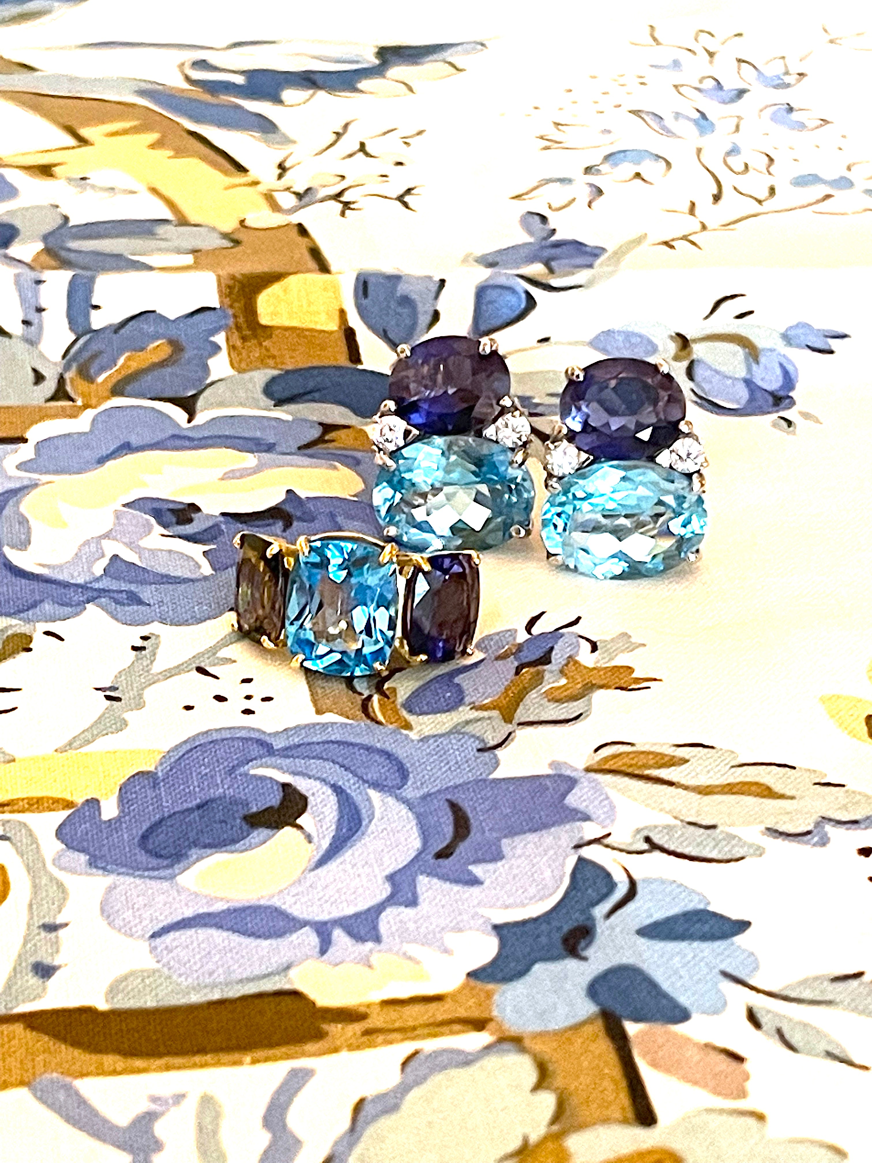 Blue Topaz and Iolite Three Stone Cushion Cut Ring