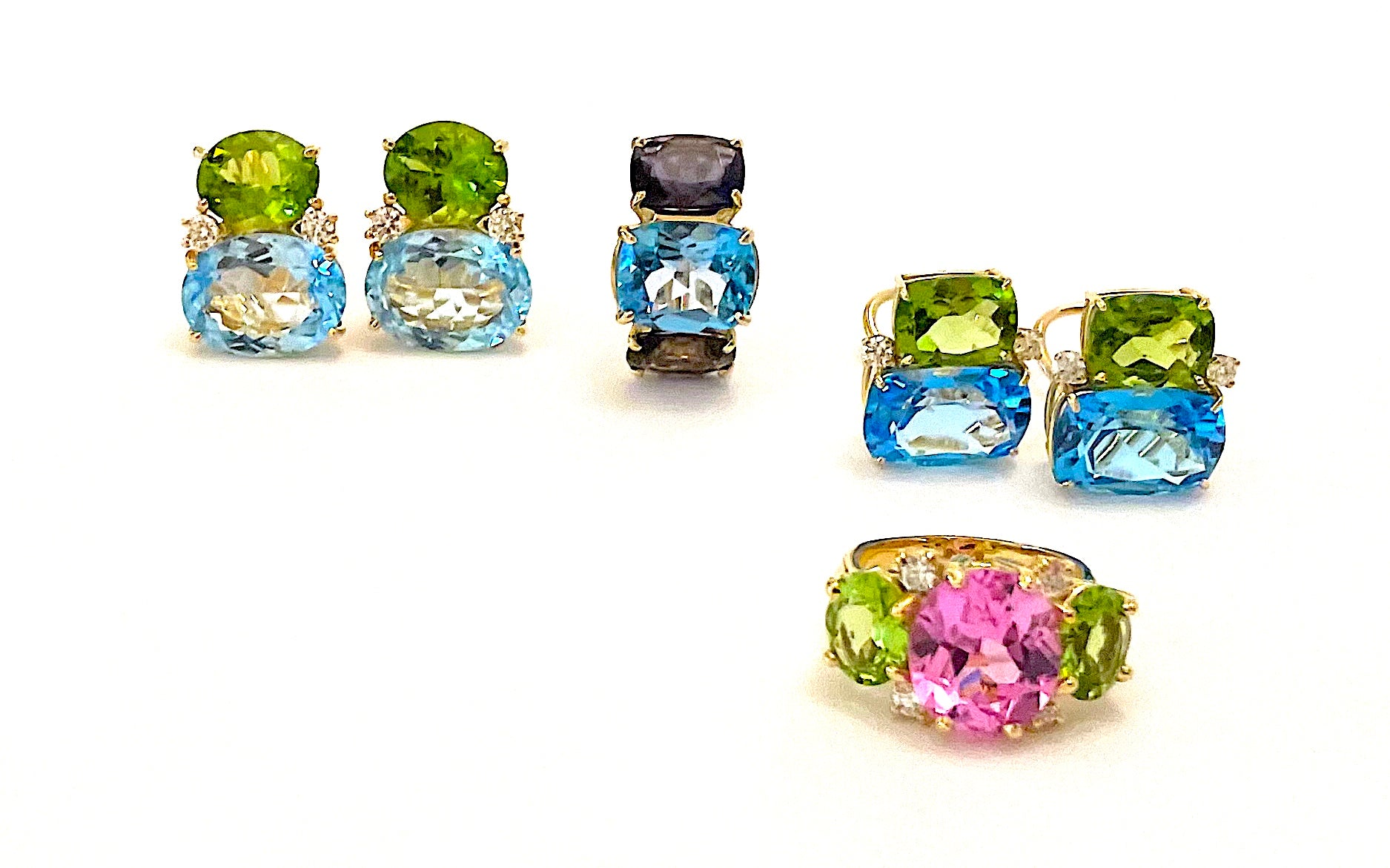 Blue Topaz and Iolite Three Stone Ring with Rope Twist Border