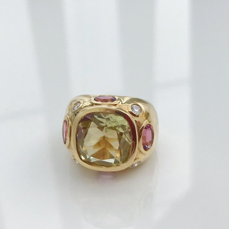18kt Bonheur Ring with Lemon Citrine and Pink Topaz and Diamonds