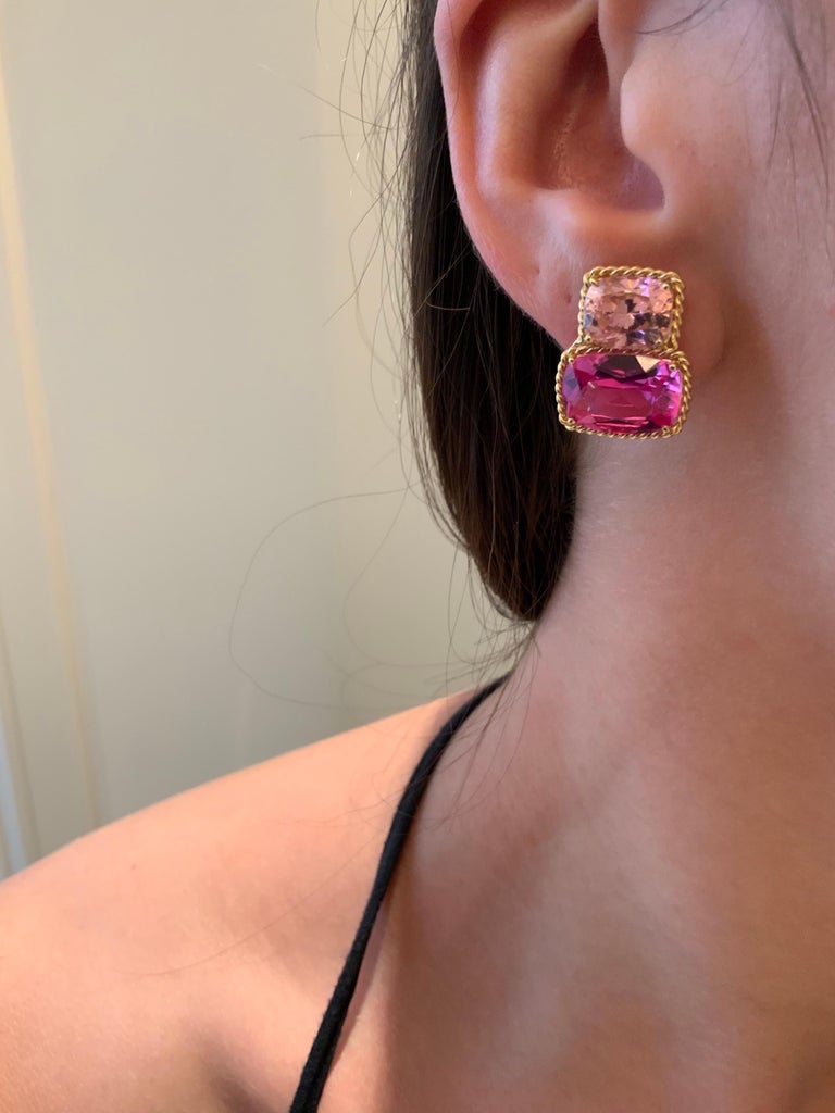 18kt Yellow Gold Medium Double Cushion Cut Earring with Rope Twist Border with Kunzite and Green Amethyst
