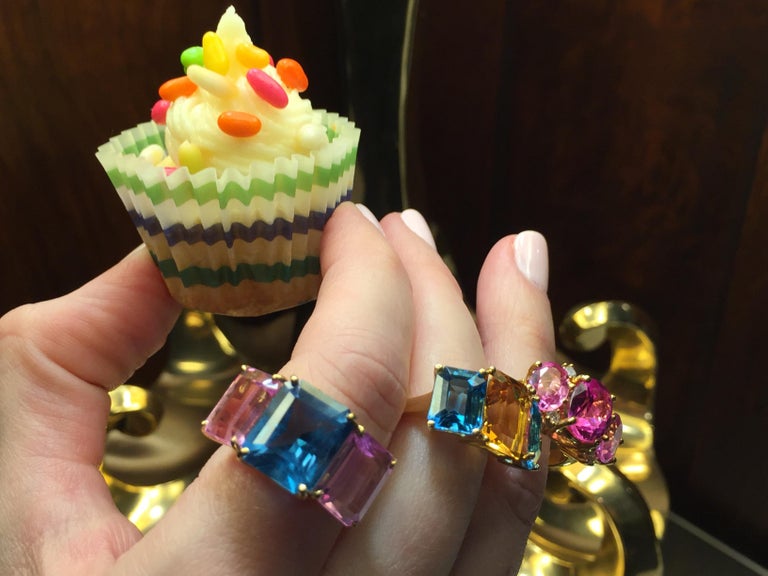 18kt Yellow Gold Emerald Cut Ring with Peridot and Pink Topaz