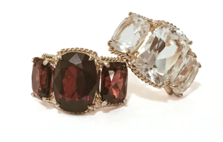18kt Yellow Gold Light Pink Topaz & Deep Pink Topaz Cushion Cut Earrings with Twisted Rope Border