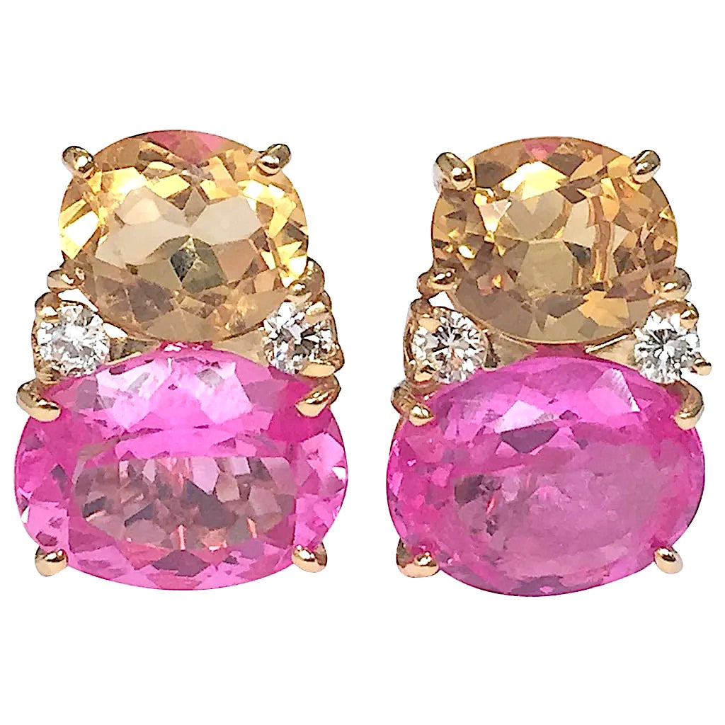 Medium GUM DROP™ Earrings with Pink Topaz and Blue Topaz and Diamonds with Detachable Pearls
