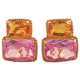 Yellow Gold Double Cushion Earrings with Rock Crystal and Smoky Topaz