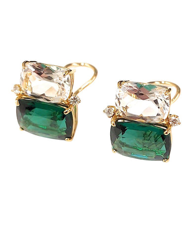 Large Two Stone Cushion Earring with Rock Crystal and Green Quartz