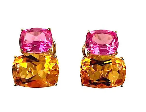 Yellow Gold Double Cushion Earrings with Pink Topaz and Orange Citrine