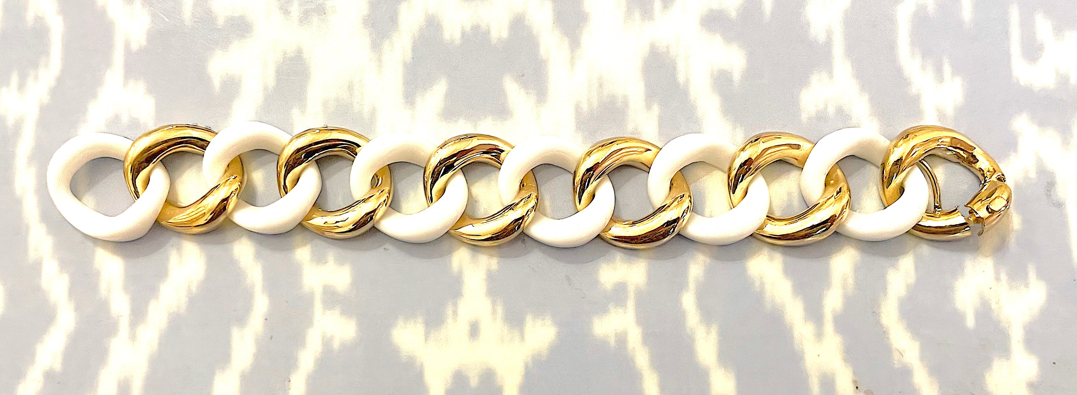 Elegant Alternating Yellow Gold Twist and White Jade Link Bracelet
