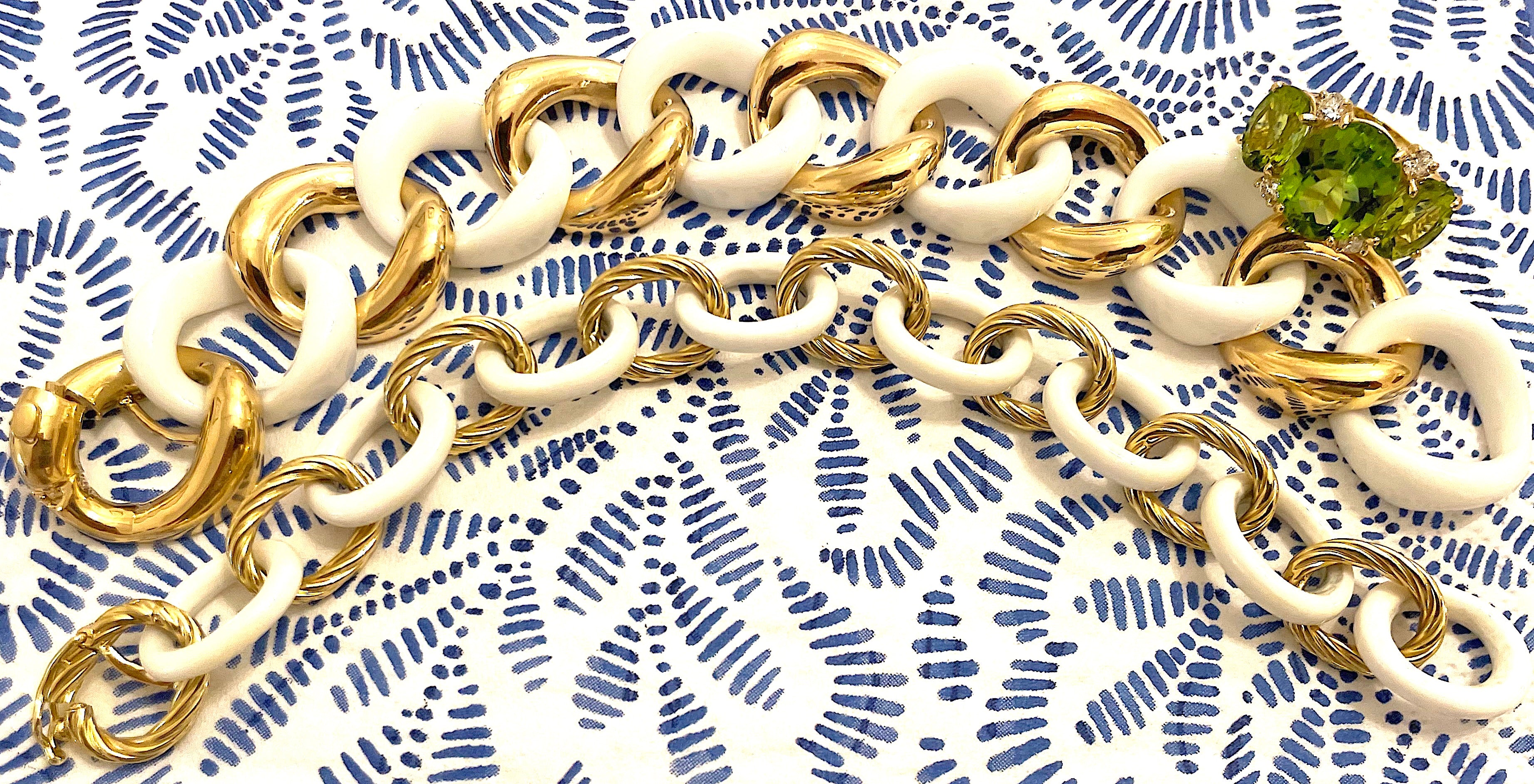 Elegant Alternating Yellow Gold Twist and White Jade Link Bracelet