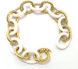 Elegant Alternating Yellow Gold Twist and White Jade Link Bracelet