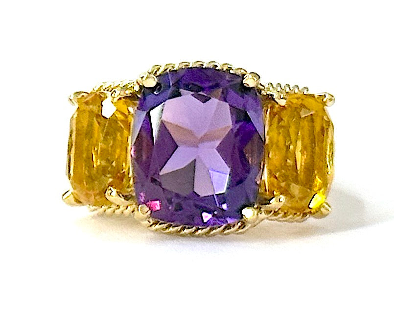 Elegant Single Stone Citrine Ring with Gold Rope Twist Border