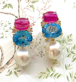Medium GUM DROP™ Earrings with Pink Topaz and Blue Topaz and Diamonds with Detachable Pearls