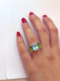 Mini Blue Topaz and Peridot Three Stone Ring with Rope Twist Border