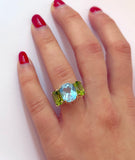 Mini Blue Topaz and Peridot Three Stone Ring with Rope Twist Border