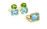 18Kt Yellow Gold Double Cushion Peridot and Blue Topaz Earrings