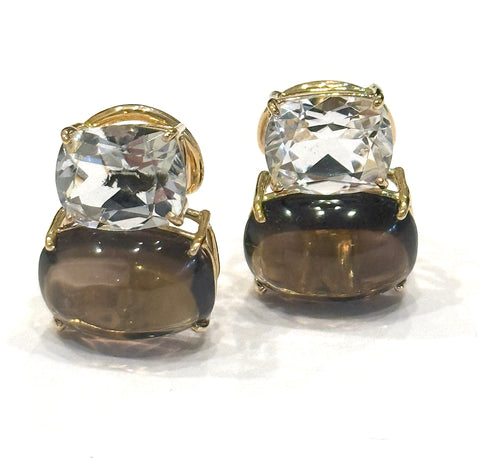 Yellow Gold Double Cushion Earrings with Rock Crystal and Smoky Topaz