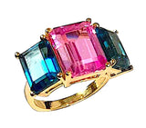 18kt Yellow Gold Mini Emerald Cut Ring with Orange Citrine and Blue Topaz