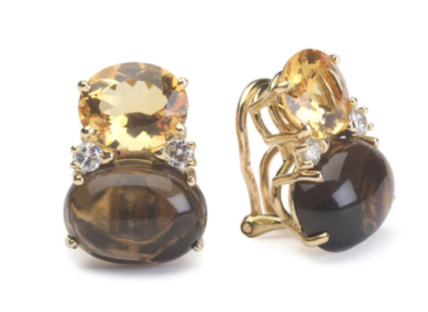 Large GUM DROP™ Earrings with Blue Topaz and Cabochon Smoky Topaz and Diamonds