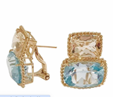 Yellow Gold Double Cushion Earrings with Rock Crystal and Smoky Topaz