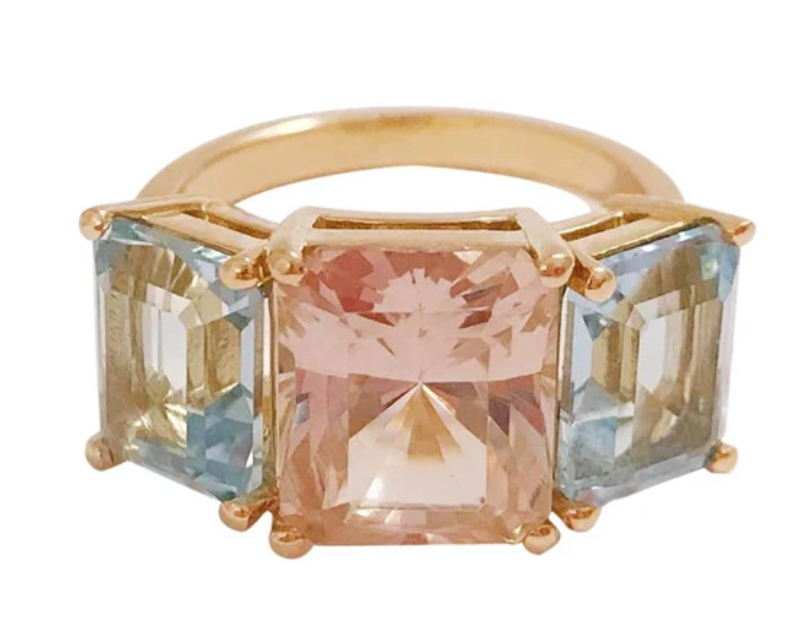 18kt Yellow Gold Mini Emerald Cut Ring with Blue Topaz and Peridot