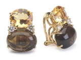 Yellow Gold Double Cushion Earrings with Rock Crystal and Smoky Topaz