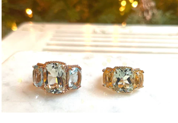 18kt Yellow Gold Mini Emerald Cut Ring with Blue Topaz and Peridot