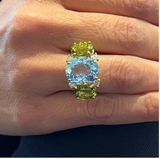 Mini Blue Topaz and Peridot Three Stone Ring with Rope Twist Border