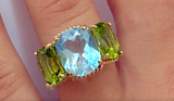 Mini Blue Topaz and Peridot Three Stone Ring with Rope Twist Border