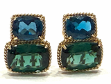 18kt Yellow Gold Cushion Cut Earring with Rope Twist Border with Blue Topaz and Green Quartz