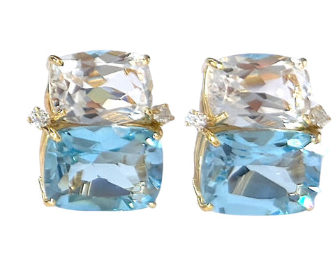 Large Two Stone Cushion Cut Earring with Rock Crystal and Blue Topaz