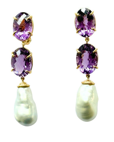 Elegant Three-Stone Drop Earring with Oval Amethyst and Baroque Pearl